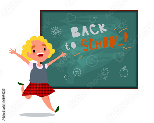 Back to school. Happy child. Little cute girl is jumping near the school board. Isolated vector illustration with text on white