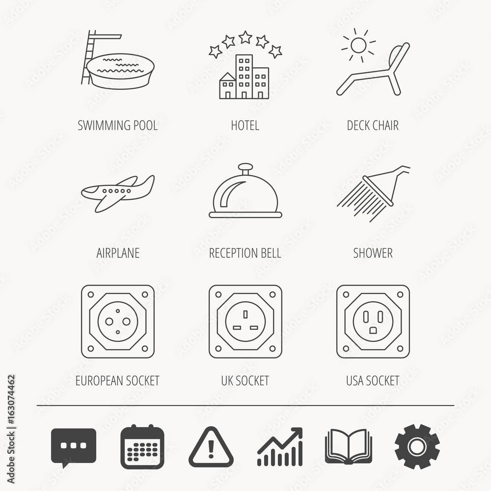 Hotel, swimming pool and beach deck chair icons. Reception bell, shower and airplane linear signs. European, UK and USA socket icons. Education book, Graph chart and Chat signs. Vector