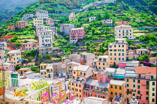 View on architecture of Manarola village. Manarola is one of the most popular old village in Cinque Terre, taly photo