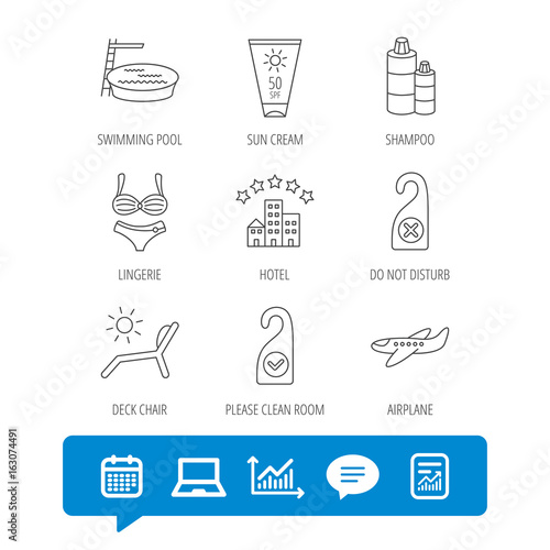 Hotel  swimming pool and beach deck chair icons. Sun cream  do not disturb and clean room linear signs. Shampoo and airplane icons. Report file  Graph chart and Chat speech bubble signs. Vector