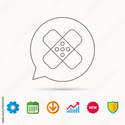 Medical plaster icon. Injury fix sign. Calendar, Graph chart and Cogwheel signs. Download and Shield web icons. Vector