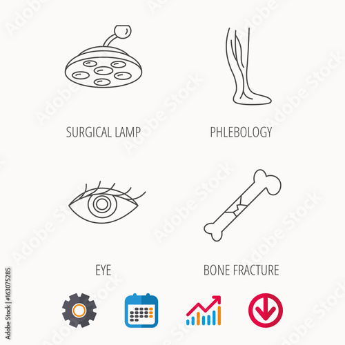 Eye, bone fracture and vein varicose icons. Surgical lamp linear sign. Calendar, Graph chart and Cogwheel signs. Download colored web icon. Vector