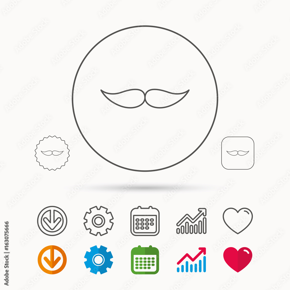 Mustache icon. Hipster symbol. Gentleman sign. Calendar, Graph chart and Cogwheel signs. Download and Heart love linear web icons. Vector Mustache icon. Hipster symbol. Gentleman sign. Calendar, Graph chart and Cogwheel signs. Download and Heart love linear web icons. Vector
