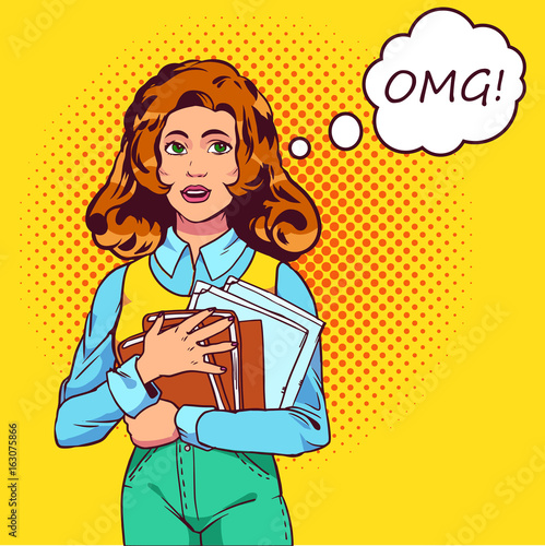 Student before exams pop art. A beautiful student is worried and keeps books. Vector illustration in comic style. EPS 10.