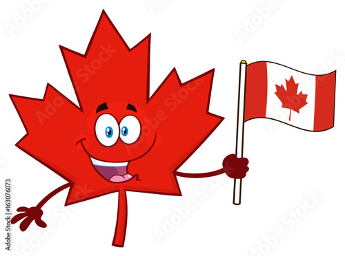 Happy Canadian Red Maple Leaf Cartoon Mascot Character Holding An Canadian Flag. Illustration Isolated On White Background