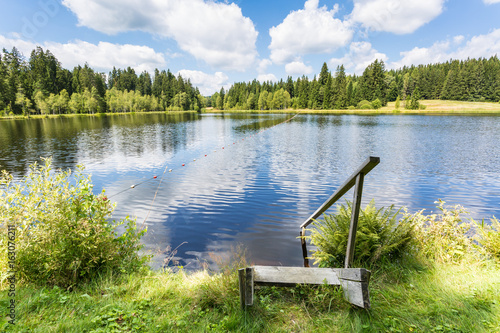 wooden ladder leading into water at summery lake photo