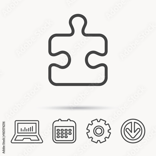 Puzzle icon. Jigsaw logical game sign. Boardgame piece symbol. Notebook, Calendar and Cogwheel signs. Download arrow web icon. Vector