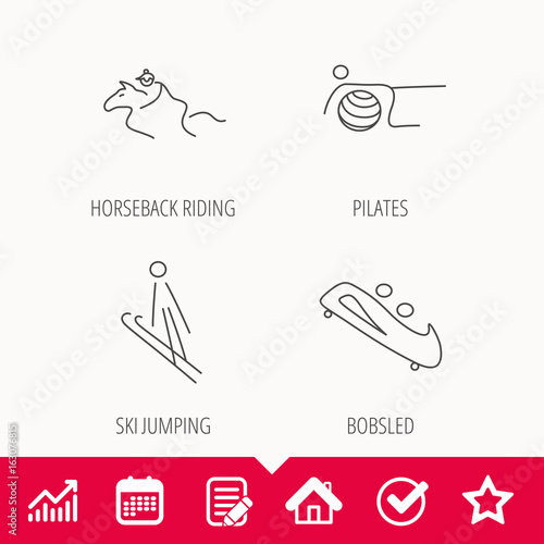 Pilates, bobsled and horseback riding icons. Ski jumping linear sign. Edit document, Calendar and Graph chart signs. Star, Check and House web icons. Vector
