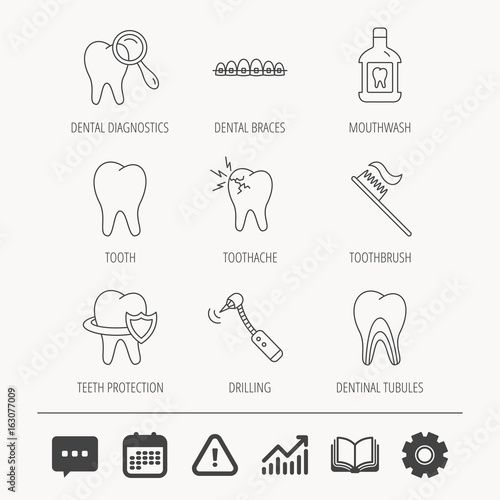 Tooth, dental braces and mouthwash icons. Diagnostics, toothbrush and toothache linear signs. Dentinal tubules, protection flat line icons. Education book, Graph chart and Chat signs. Vector