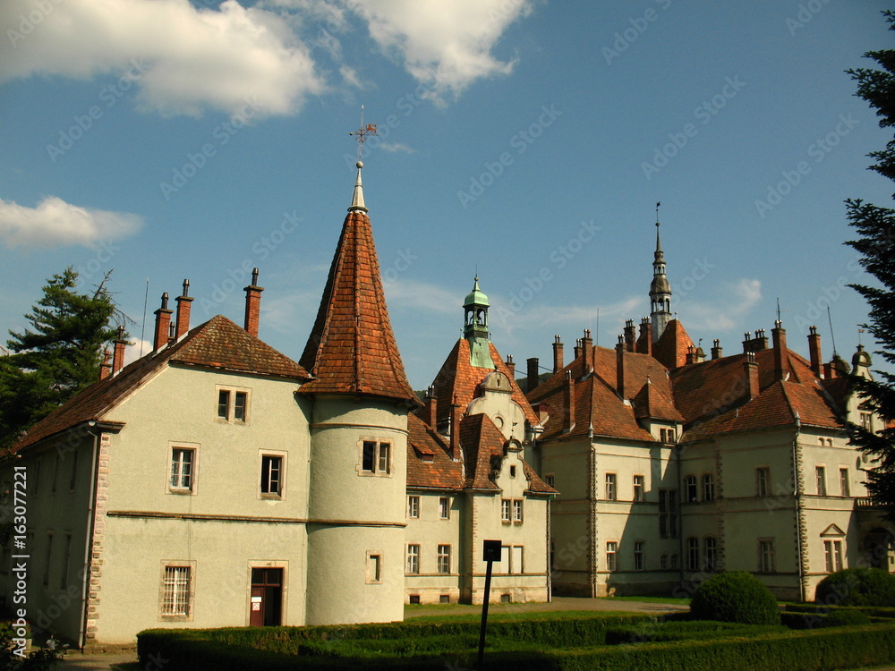 Schonborn Palace back yard in Chynadiyovo, Carpathians Ukraine. Schonborn Palace, the former residence and hunting lodge of the Counts Schonborn, now sanatorium Carpathians, near the city of Mukacheve