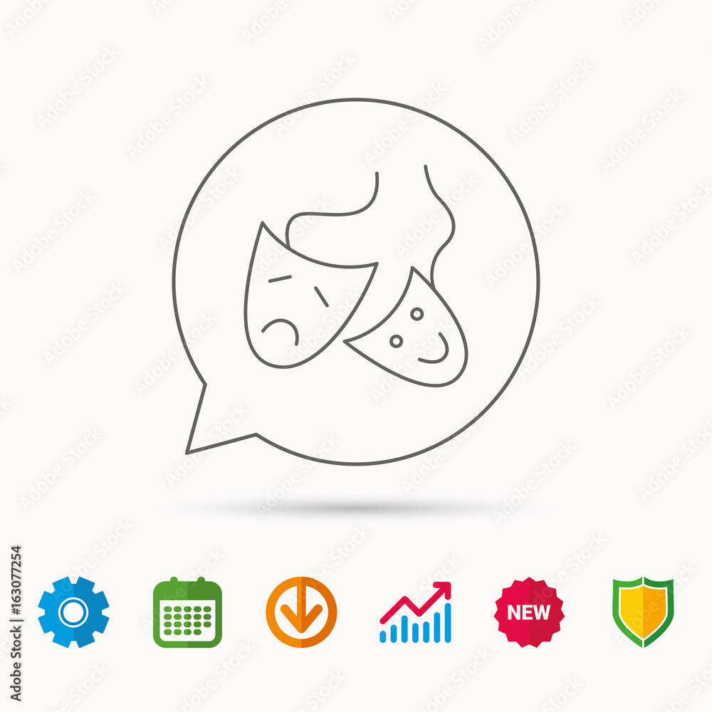 Theater masks icon. Drama and comedy sign. Masquerade or carnival symbol. Calendar, Graph chart and Cogwheel signs. Download and Shield web icons. Vector Theater masks icon. Drama and comedy sign. Masquerade or carnival symbol. Calendar, Graph chart and Cogwheel signs. Download and Shield web icons. Vector