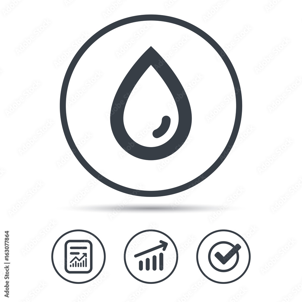 Water drop icon. Natural aqua symbol. Report document, Graph chart and Check signs. Circle web buttons. Vector Water drop icon. Natural aqua symbol. Report document, Graph chart and Check signs. Circle web buttons. Vector