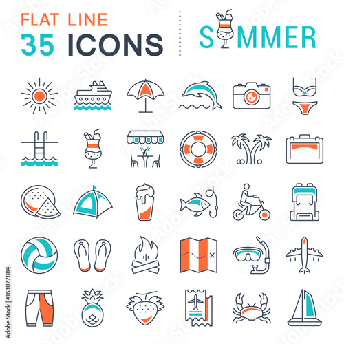 Set Vector Flat Line Icons Summer