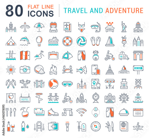 Set Vector Flat Line Icons Travel and Adventure