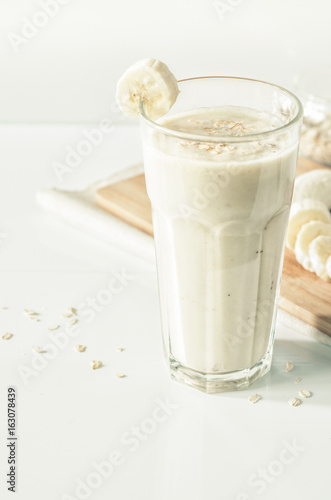 Useful smoothies with a banana and oatmeal. Banana milkshake with oats.