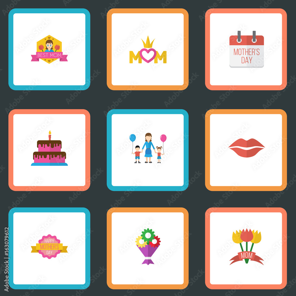 Happy Mother's Day Flat Icon Layout Design With Flower, Queen And Kiss ...