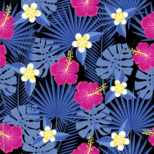 seamless tropical leaves and flowers - palm, monstera, hibiscus and plumeria