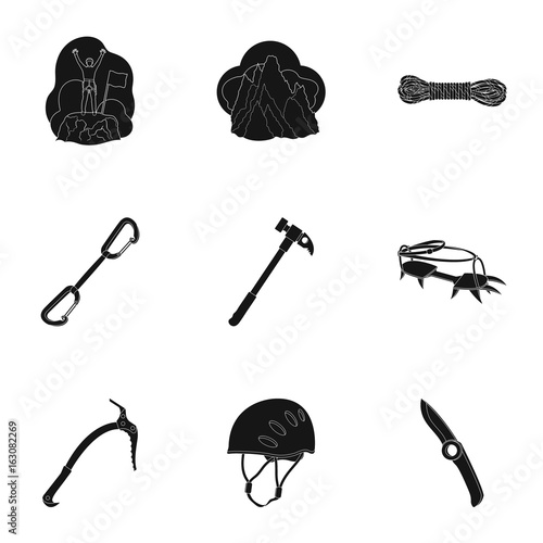 Ice ax, conquered top, mountains in the clouds and other equipment for mountaineering.Mountaineering set collection icons in black style vector symbol stock illustration web.