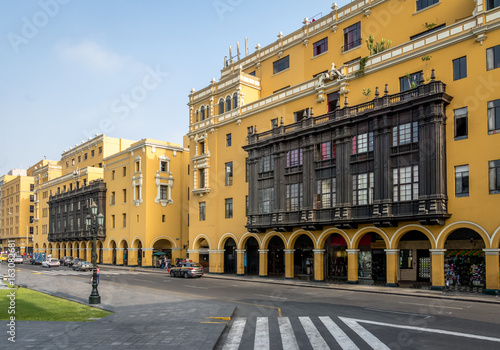 Colonial Yellow Building with Balconies in downtown Lima city near Plaza Mayor - Lima, Peru