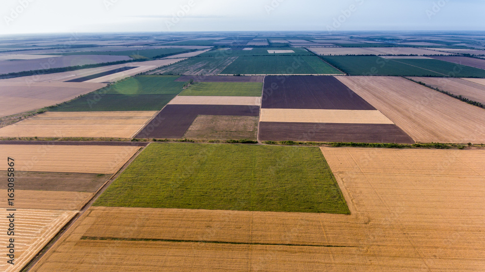 Aerial shot of a well-groomed and multicolored field, located in Eastern Europe