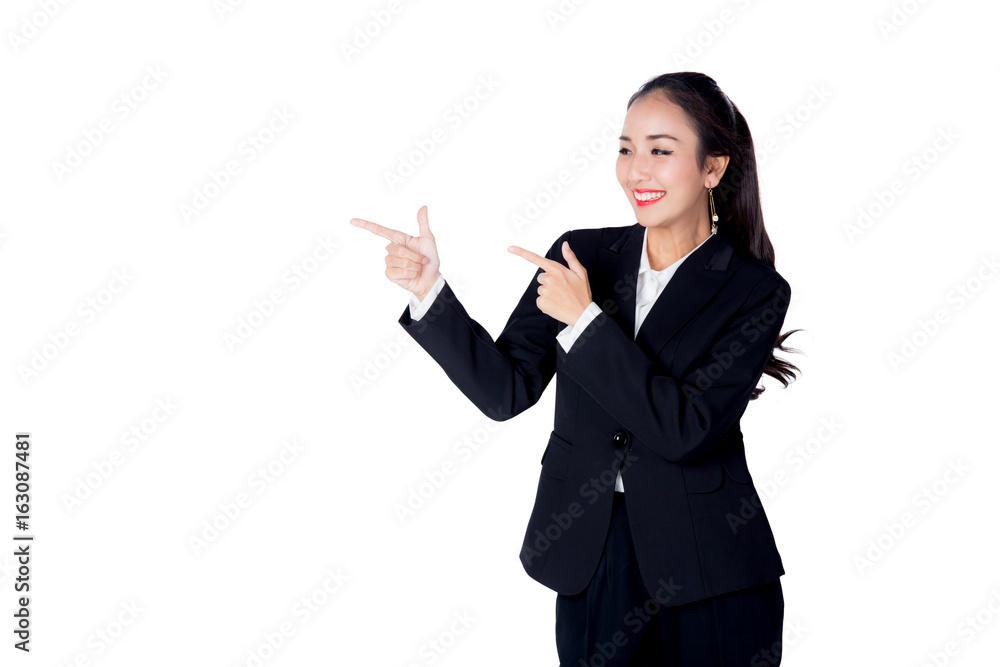 Young Buisnesswoman with finger point up on white background Young Buisnesswoman with finger point up on white background
