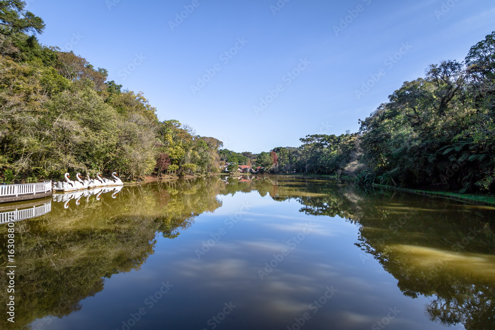 Lake with Swan Pedal Boats at Immigrant Village Park (Parque Aldeia do Imigrante) - Nova Petropolis, Rio Grande do Sul, Brazil Lake with Swan Pedal Boats at Immigrant Village Park (Parque Aldeia do Imigrante) - Nova Petropolis, Rio Grande do Sul, Brazil