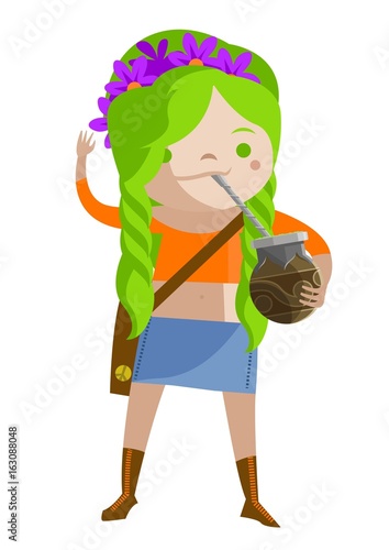 cute green hair girl drinking yerba mate traditional argentina green tea