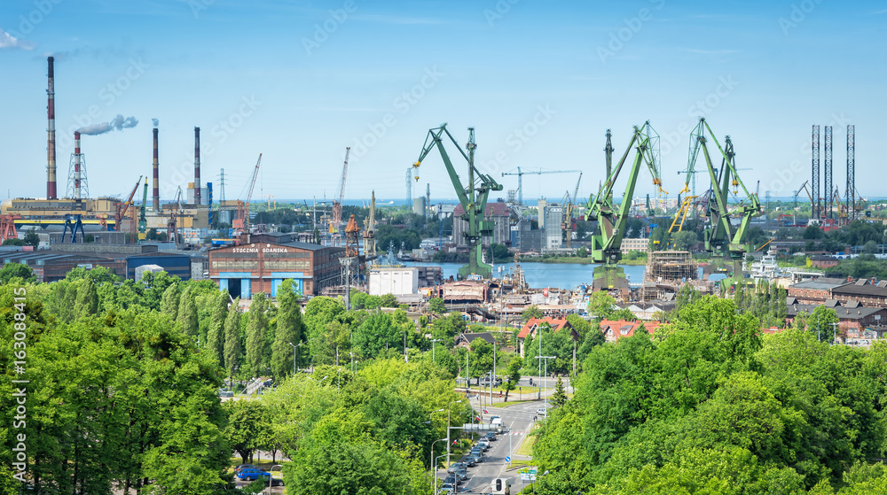 Panoramic landscape on old Gdansk shipyard
