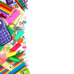 Colorful school supplies side border against a white background