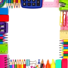 Back to School school supplies square frame against a white background