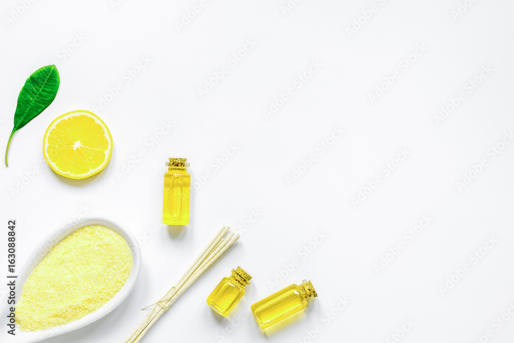 cosmetic spa set with oils and salt white background top view mo cosmetic spa set with oils and salt white background top view mo