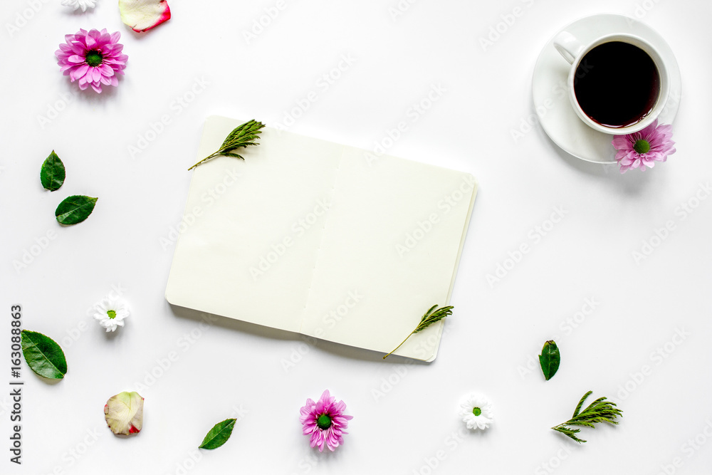 Flat lay with coffee and copybook top view mock up