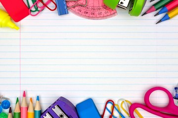 Colorful school supplies double border over a lined paper background