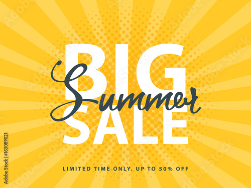 Big Summer Sale sign with retro pop art halftone background. Vector web banner template illustration