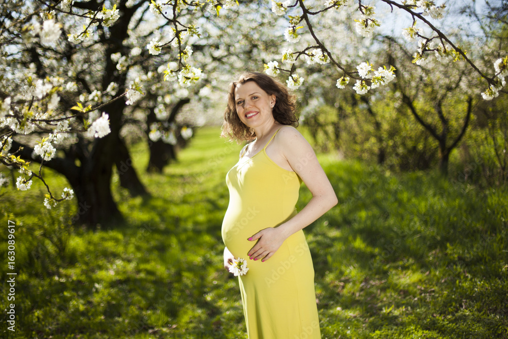 Spring, Young beautiful pregnant woman in the Orchard