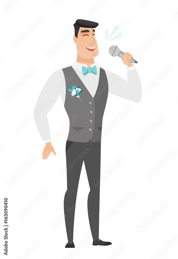 Caucasian groom singing to the microphone.
