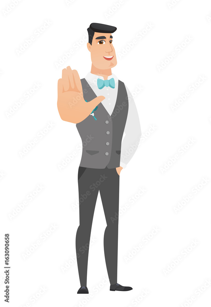 Caucasian groom showing palm hand. Caucasian groom showing palm hand.