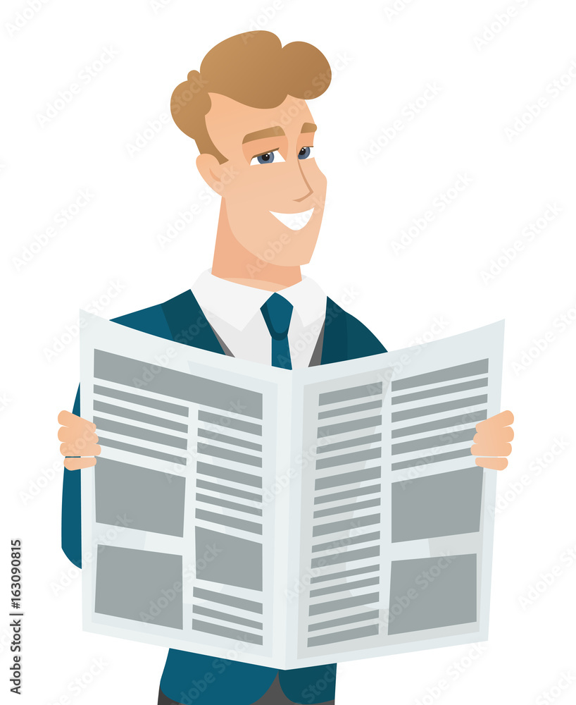 Young caucasian groom reading newspaper. Young caucasian groom reading newspaper.