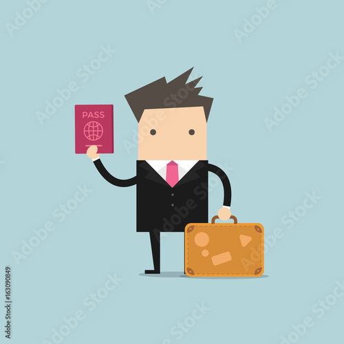 Businessman with a suitcase and passport. vector