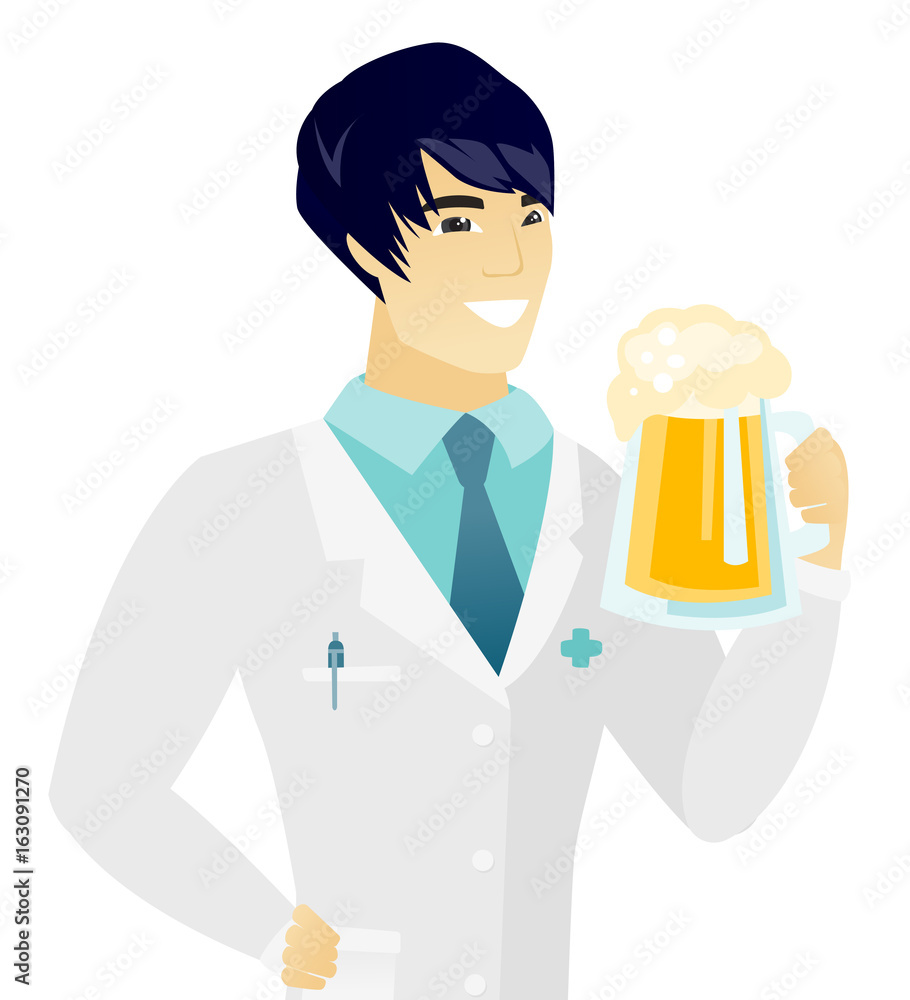 Young asian doctor drinking beer.