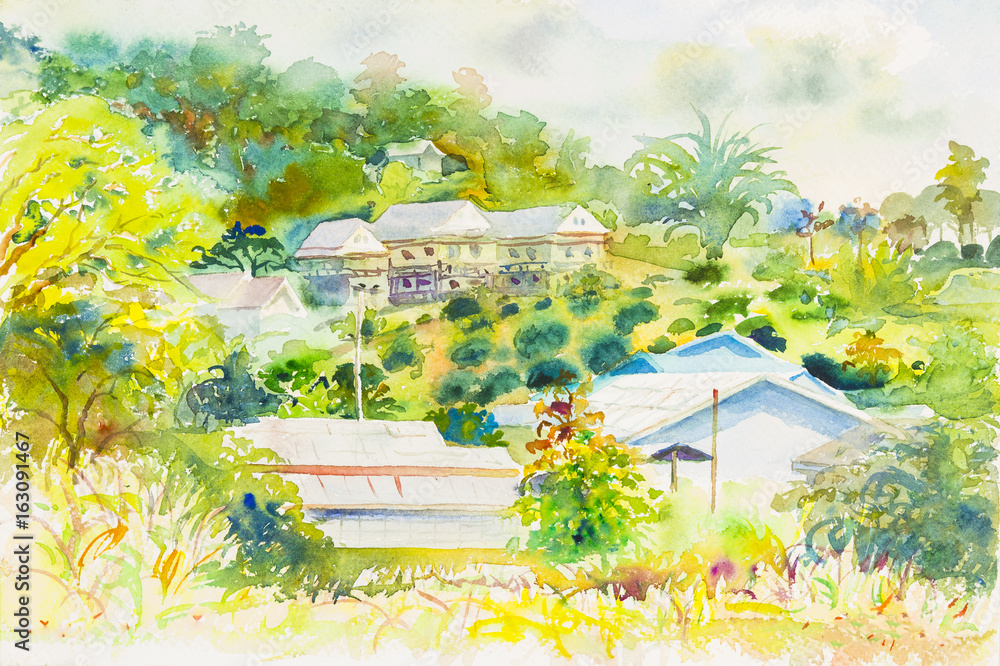 Obraz Krajobrazowy obraz kolorowy góra dom i emocja w obłocznym tle