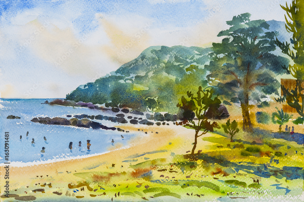 Obraz Seascape maluje kolorowego góra i plaża w błękitnym tle