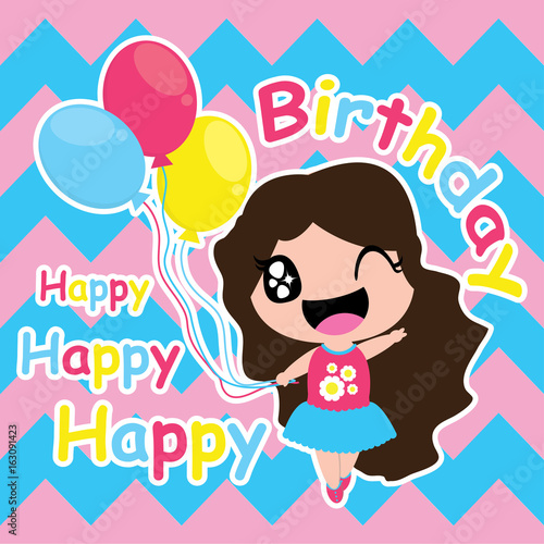 Cute girl with colorfull balloons on chevron background  vector carton  for kid birthday card  postcard  and invitation card
