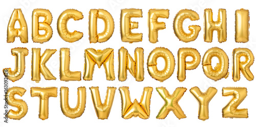 English alphabet from golden balloons isolated on white background