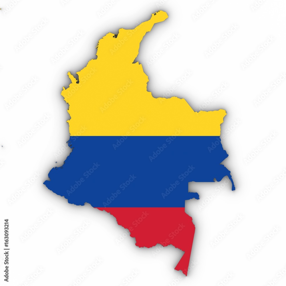 Colombia Map Outline with Colombian Flag on White with Shadows 3D Illustration Colombia Map Outline with Colombian Flag on White with Shadows 3D Illustration