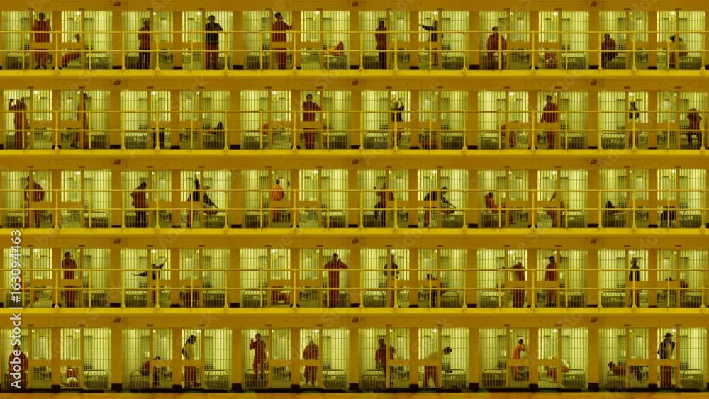 Prisoners serving time in a five-storey cell block. Composite clip created by putting together multiple videos with still photo elements in After Effects. 4K UHD version. Prisoners serving time in a five-storey cell block. Composite clip created by putting together multiple videos with still photo elements in After Effects. 4K UHD version.