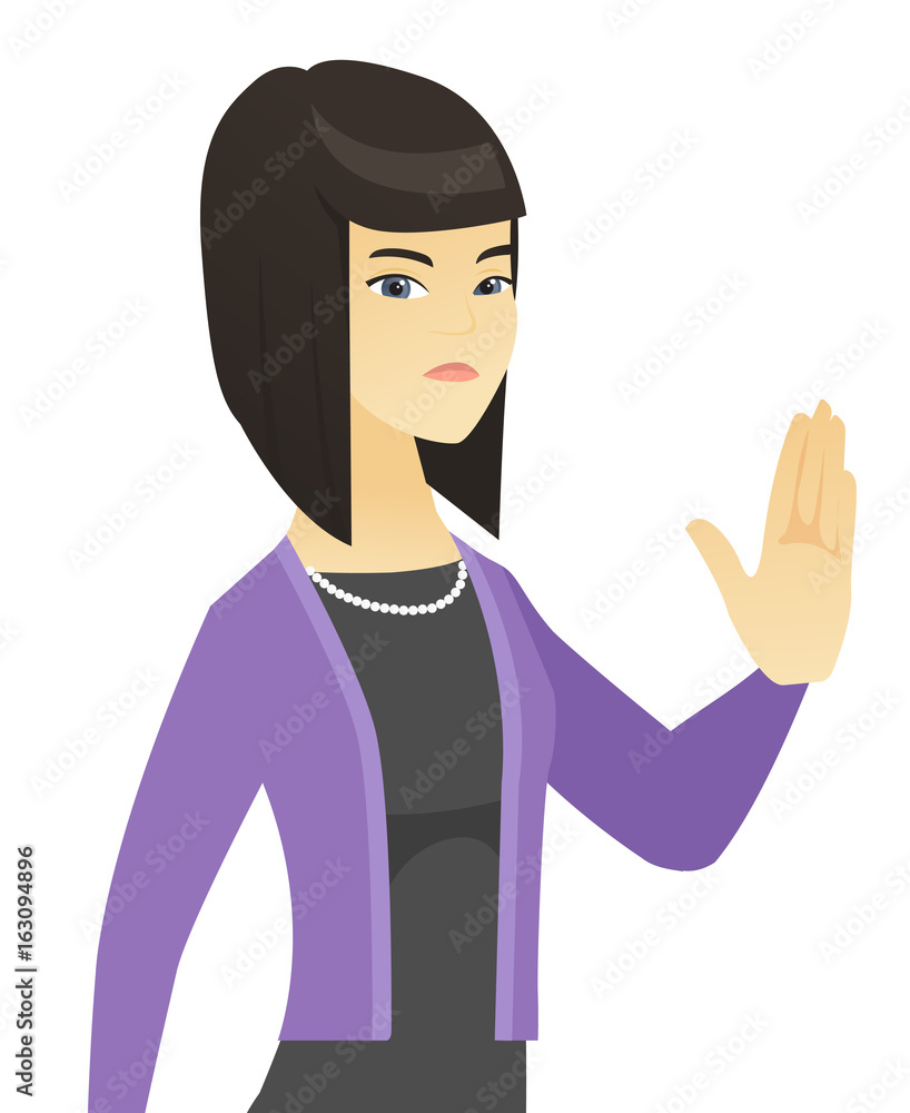Asian business woman showing palm hand. Asian business woman showing palm hand.