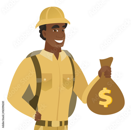 African-american traveler holding bag of money.