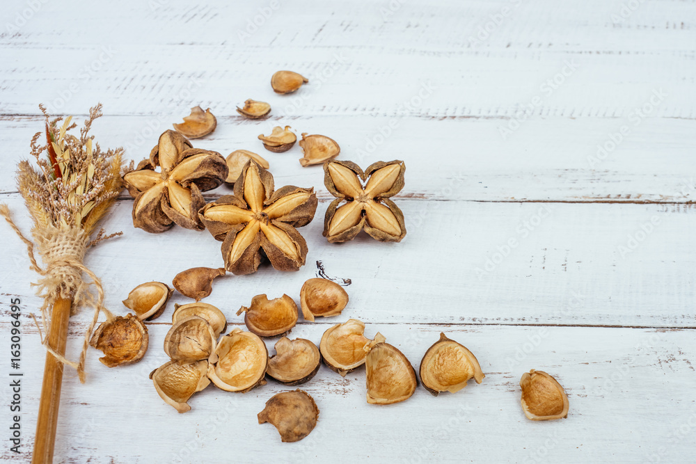 Sacha inchi peanut seed on brown background. To eat as medicine or processed into products. Sacha inchi peanut seed on brown background. To eat as medicine or processed into products.