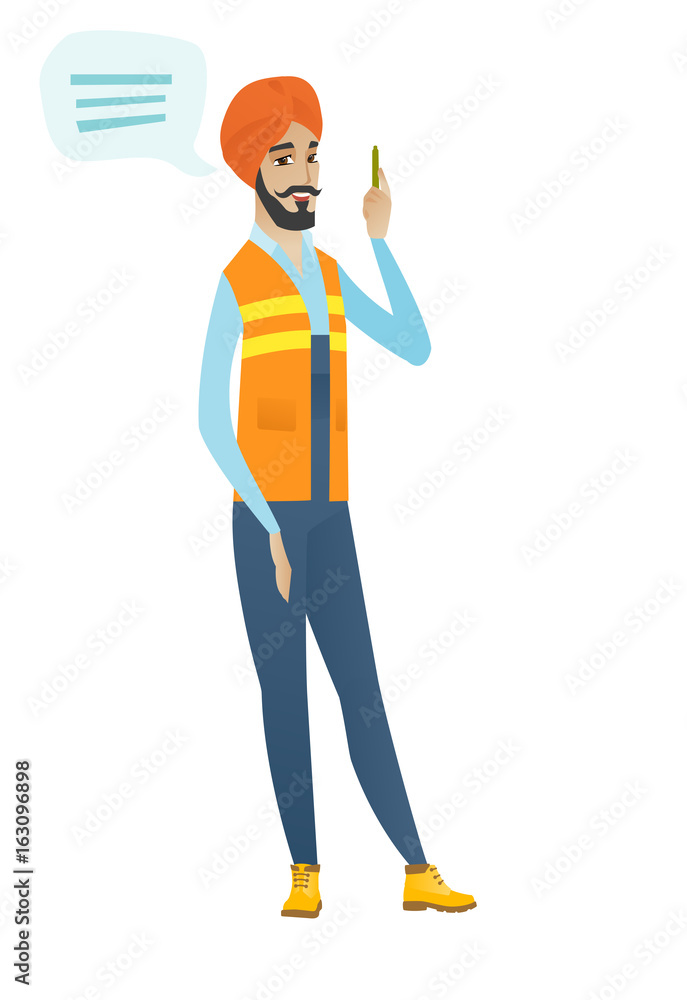 Young hindu builder with speech bubble.